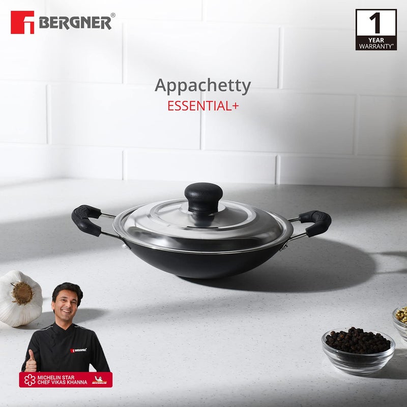 BERGNER Essential Plus 5 Layer Marble Non Stick Appachetty with Stainless Steel Lid, 22cm, Food Safe (PFOA Free), Thickness 3.0mm, 1 Year Warranty by Bergner, Black - Image 2