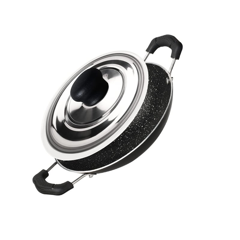 BERGNER Essential Plus 5 Layer Marble Non Stick Appachetty with Stainless Steel Lid, 22cm, Food Safe (PFOA Free), Thickness 3.0mm, 1 Year Warranty by Bergner, Black - Image 1