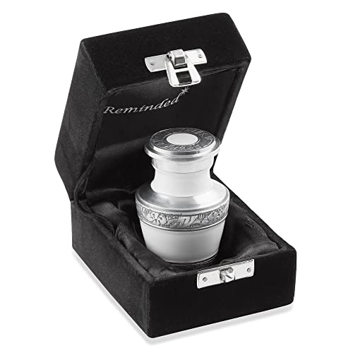 Reminded Small Cremation Memorial Urn for Human Ashes White and Silver Miniature Keepsake Urn with Velvet Case