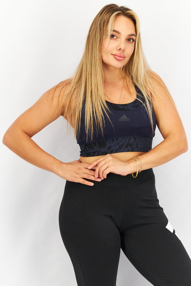 Adidas Women Sportswear Fit Padded Brand Logo Sports Bra, Navy Blue - Image 1