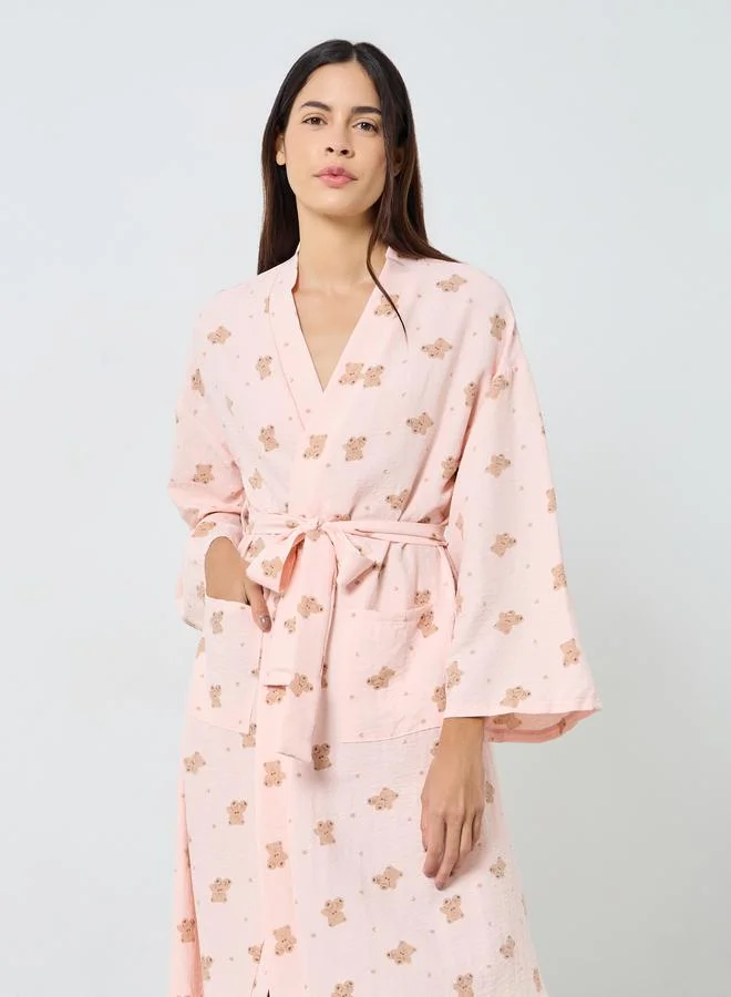 ستايلي روب بطبعة تيدي وتفاصيل جيوب