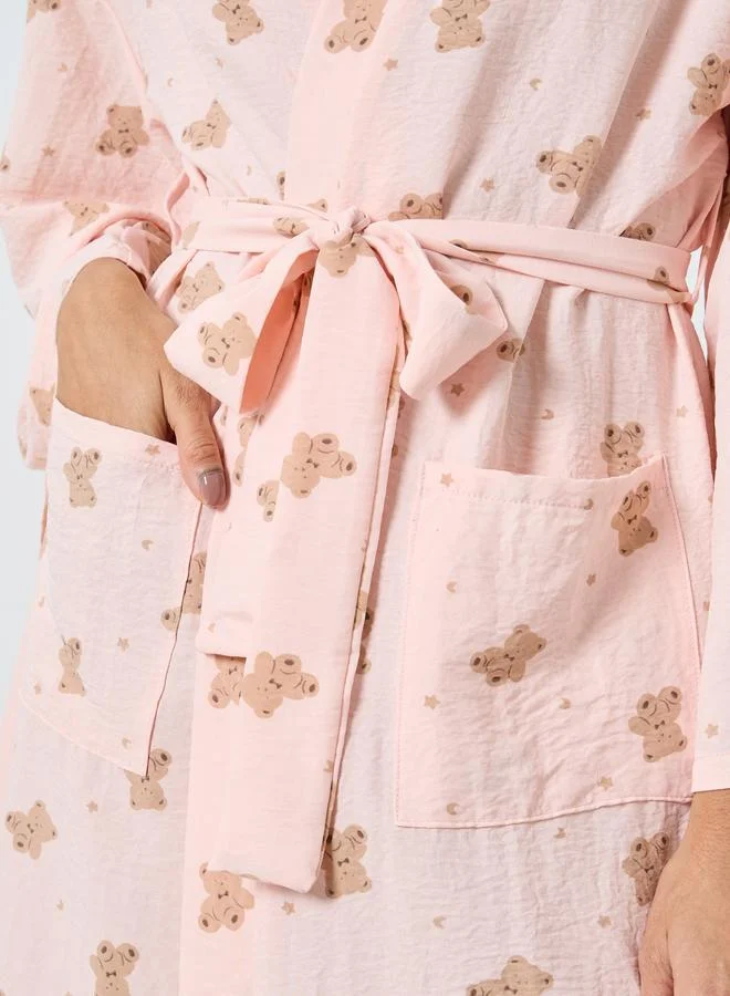 Styli Styli Teddy Print Pocket Detail Tie Robe