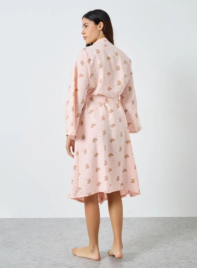 Styli Styli Teddy Print Pocket Detail Tie Robe
