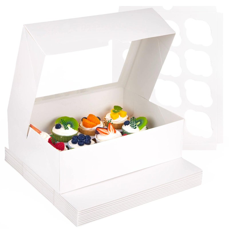 VGOODALL 12 Count Cupcake Boxes 12PCS Cupcake Holder with Window White Pastry Boxes for Birthday Holiday Party Bakery Supplies