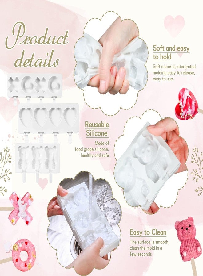 FillTouch مجموعة فيل تاتش من 3 قوالب كيك على شكل قلب، قوالب مصاصات مثلجة على شكل قلب ودب ورمز Xoxo، مصنوعة من السيليكون مع 50 عودًا خشبيًا وقطارتين، مثالية لصنع الشوكولاتة في عيد الحب، أداة مطبخ منزلية الصنع - Image 3