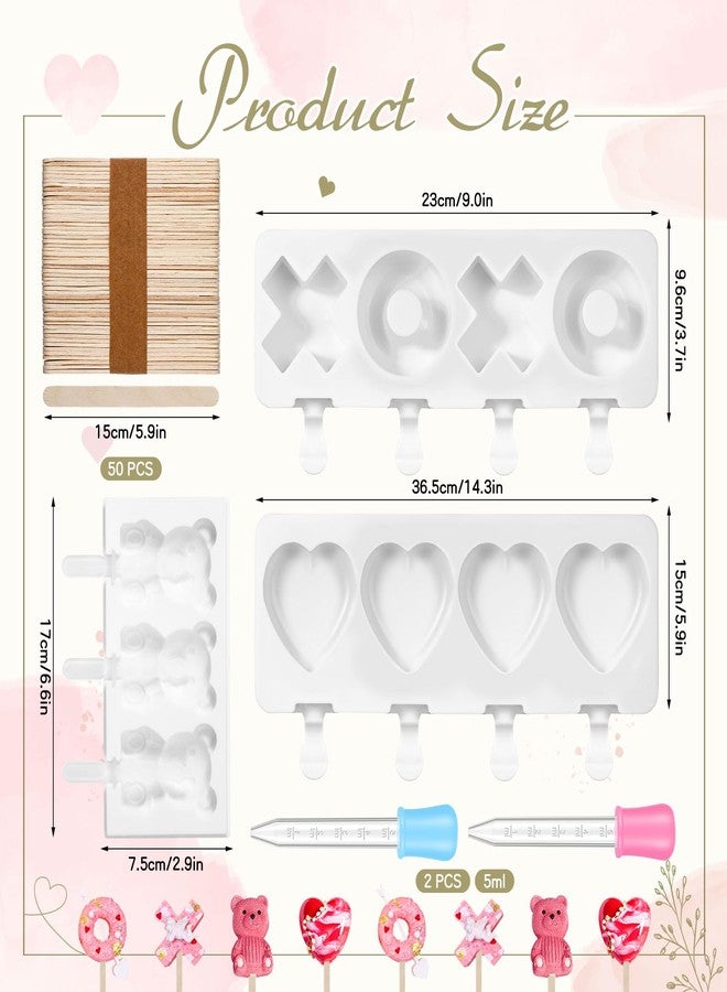 FillTouch مجموعة فيل تاتش من 3 قوالب كيك على شكل قلب، قوالب مصاصات مثلجة على شكل قلب ودب ورمز Xoxo، مصنوعة من السيليكون مع 50 عودًا خشبيًا وقطارتين، مثالية لصنع الشوكولاتة في عيد الحب، أداة مطبخ منزلية الصنع - Image 2