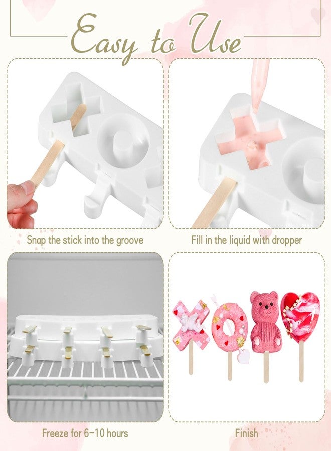 FillTouch مجموعة فيل تاتش من 3 قوالب كيك على شكل قلب، قوالب مصاصات مثلجة على شكل قلب ودب ورمز Xoxo، مصنوعة من السيليكون مع 50 عودًا خشبيًا وقطارتين، مثالية لصنع الشوكولاتة في عيد الحب، أداة مطبخ منزلية الصنع - Image 5
