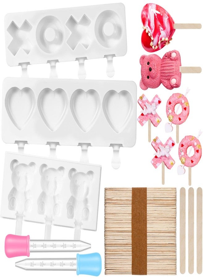 FillTouch مجموعة فيل تاتش من 3 قوالب كيك على شكل قلب، قوالب مصاصات مثلجة على شكل قلب ودب ورمز Xoxo، مصنوعة من السيليكون مع 50 عودًا خشبيًا وقطارتين، مثالية لصنع الشوكولاتة في عيد الحب، أداة مطبخ منزلية الصنع - Image 1