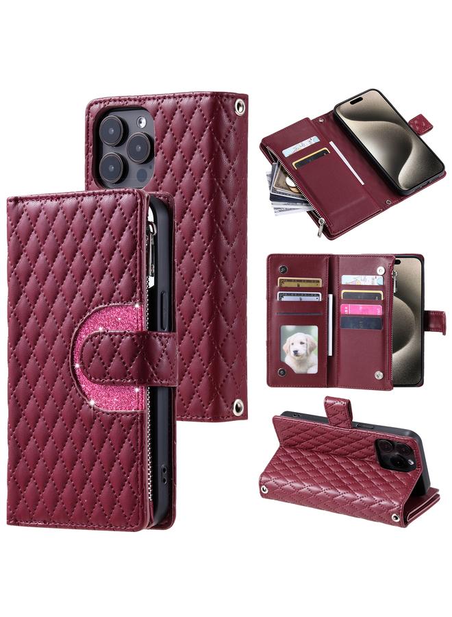 erorex For iPhone 16 Pro Max Glitter Lattice Zipper Wallet Leather Phone Case(Wine Red) 