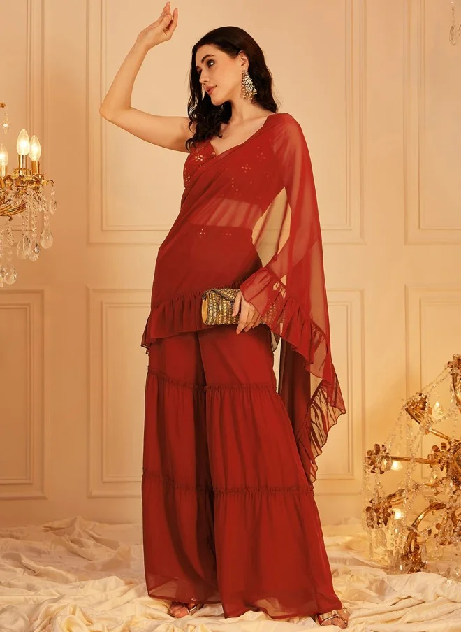 Indo Street Embellished Rust Brown Top & Palazzos Set for Women