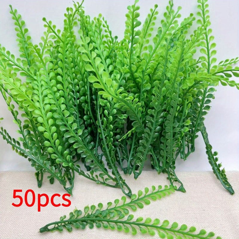 50 Pcs Artificial Gradient Green Fern Plants Greenery Persian Grass Asparagus UV Protected Faux Flowers Plastic Leaf Decorations For Indoor Outdoor Porch Garden - Image 1
