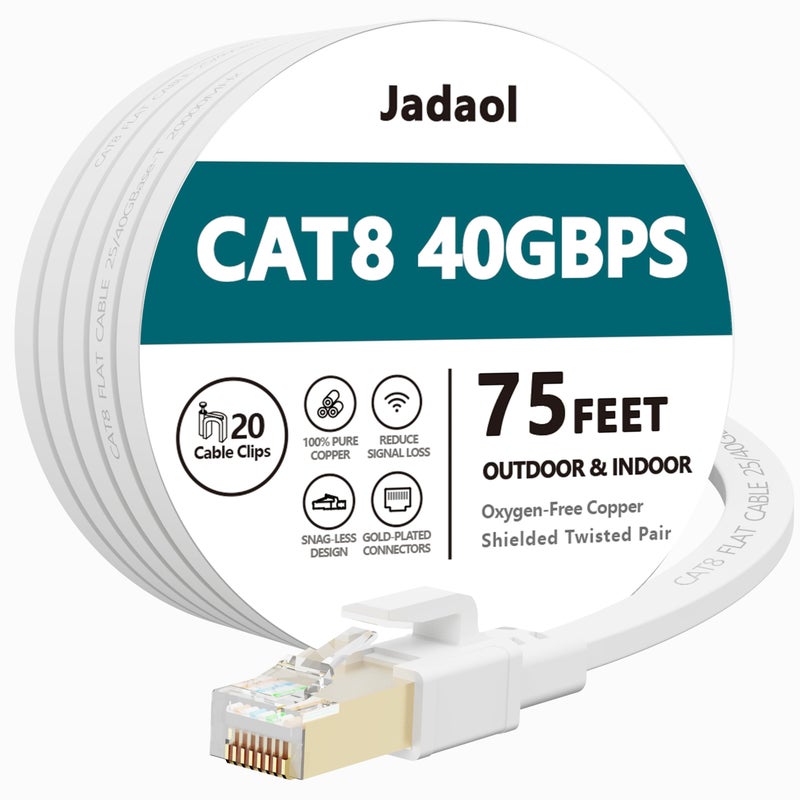 Jadaol Cat 8 Ethernet Cable 75 ft, 40Gbps 2000MHz Flat RJ45 S/FTP LAN Patch Cable, High-Speed Cat8 Network Cable for Router, Modem, Switch, Gaming Consoles, PC, Home Network & Streaming Devices, White - Image 1