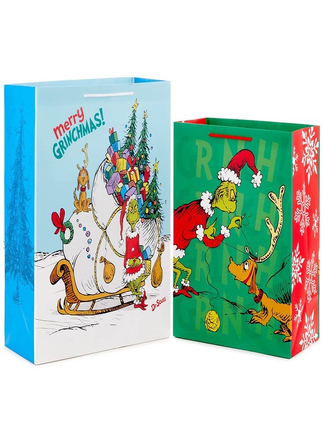 Hallmark Grinch Christmas Gift Bags for Kids (2 Bags: 1 Large 13", 1 Extra Large 15") Grinch with Max and Sleigh, Dr. Seuss' How the Grinch Stole Christmas! - Image 1