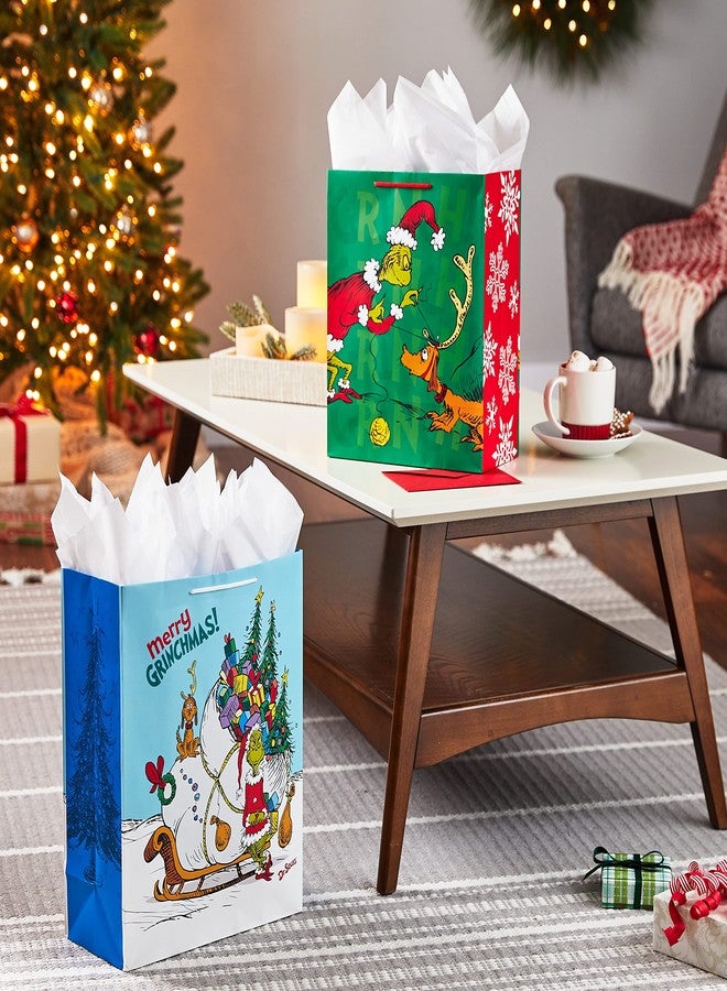 Hallmark Grinch Christmas Gift Bags for Kids (2 Bags: 1 Large 13", 1 Extra Large 15") Grinch with Max and Sleigh, Dr. Seuss' How the Grinch Stole Christmas! - Image 2
