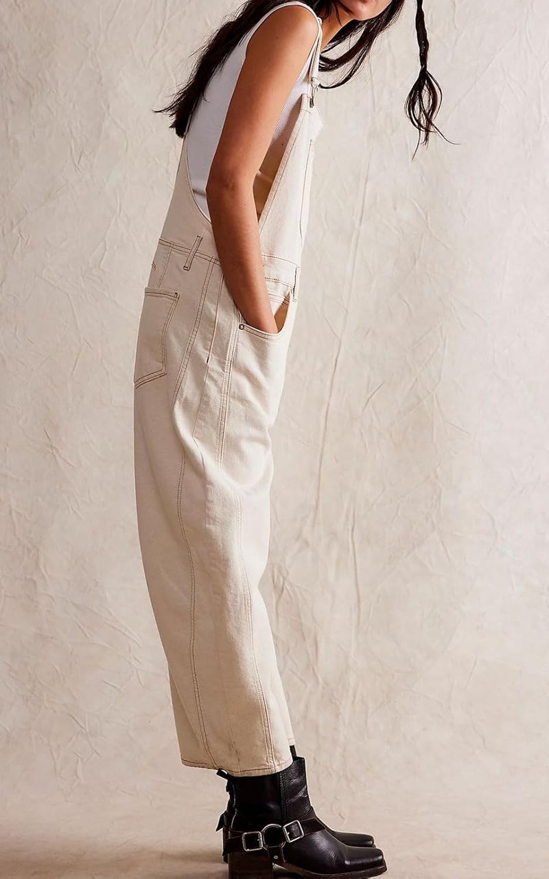 yoeasy Womens Denim Bib Overalls Barrel Wide Leg Baggy Adjustable Strap Denim Pants Jumpsuits with Pockets (Large, Off-white) - Image 3