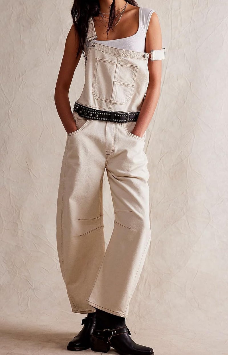yoeasy Womens Denim Bib Overalls Barrel Wide Leg Baggy Adjustable Strap Denim Pants Jumpsuits with Pockets (Large, Off-white) - Image 2