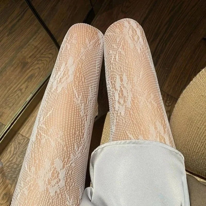 Girl Sexy Black White Lolita Hollowed Lace Mesh Bottomed Pantyhose Goth Floral Rattan Leggings Stockings Classic Tights - Image 4