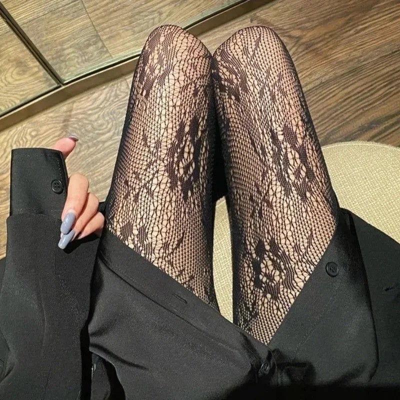 Girl Sexy Black White Lolita Hollowed Lace Mesh Bottomed Pantyhose Goth Floral Rattan Leggings Stockings Classic Tights - Image 1