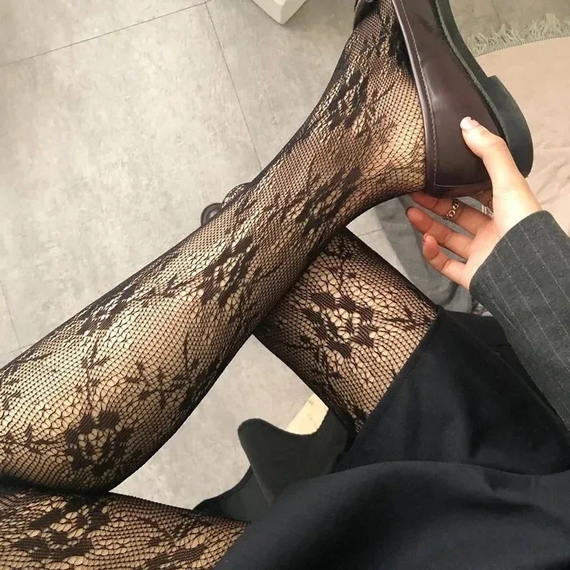 Girl Sexy Black White Lolita Hollowed Lace Mesh Bottomed Pantyhose Goth Floral Rattan Leggings Stockings Classic Tights - Image 3