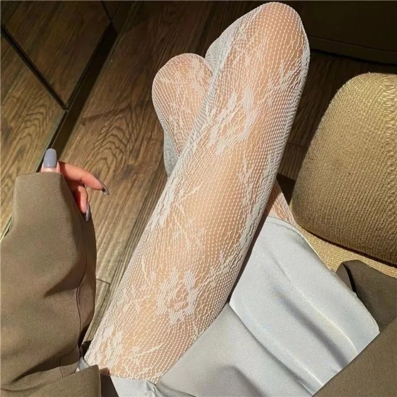Girl Sexy Black White Lolita Hollowed Lace Mesh Bottomed Pantyhose Goth Floral Rattan Leggings Stockings Classic Tights - Image 5