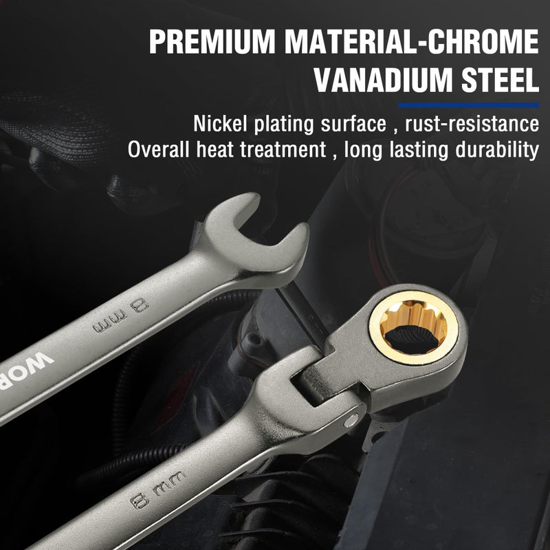 WORKPRO 8 mm Flex-Head Ratcheting Combination Wrench, Cr-V Constructed, Nickel Plating, 72-Teeth, 12 Point Design, Metric - Image 3
