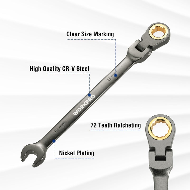 WORKPRO 8 mm Flex-Head Ratcheting Combination Wrench, Cr-V Constructed, Nickel Plating, 72-Teeth, 12 Point Design, Metric - Image 2