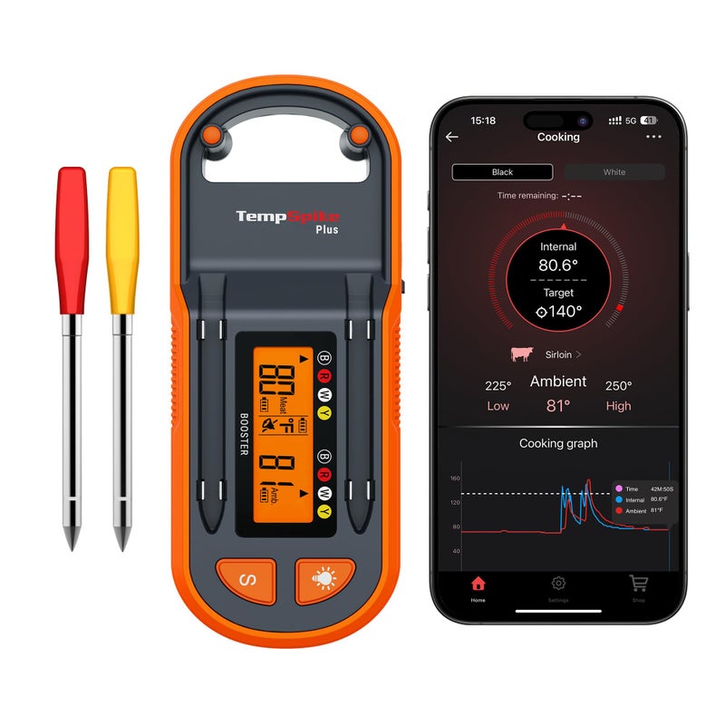 ثيرمو برو مقياس حرارة اللحوم اللاسلكي ThermoPro TempSpike مزود بمسبارين رفيعين للغاية، ومقياس حرارة للحوم بتقنية البلوتوث مع شاشة LCD مستقلة، مناسب للشواء، والفرن، والشواية، والمطبخ، والمدخنة، والشواية الدوارة، باللونين الأحمر والأصفر. - Image 1