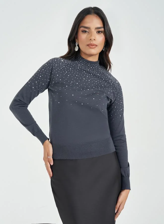 Styli Embellished Detail High Neck Sweater