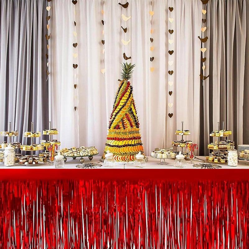 Aimto 4 Pack Metallic Foil Fringe Tinsel Table Skirts,29x108 Inch Party Disposable Table Skirt Banner for Hotel Banquet Parade Floats Mardi Gras Holiday Birthday Wedding New Year Party Decoration(Red) - Image 4