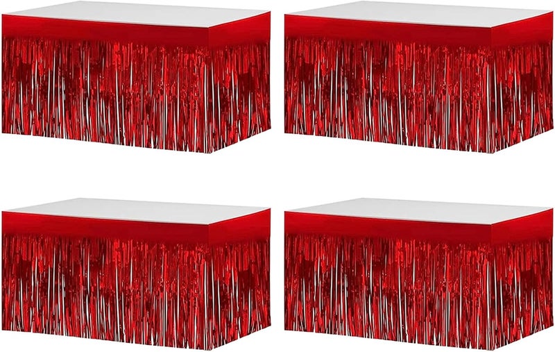 Aimto 4 Pack Metallic Foil Fringe Tinsel Table Skirts,29x108 Inch Party Disposable Table Skirt Banner for Hotel Banquet Parade Floats Mardi Gras Holiday Birthday Wedding New Year Party Decoration(Red) - Image 1