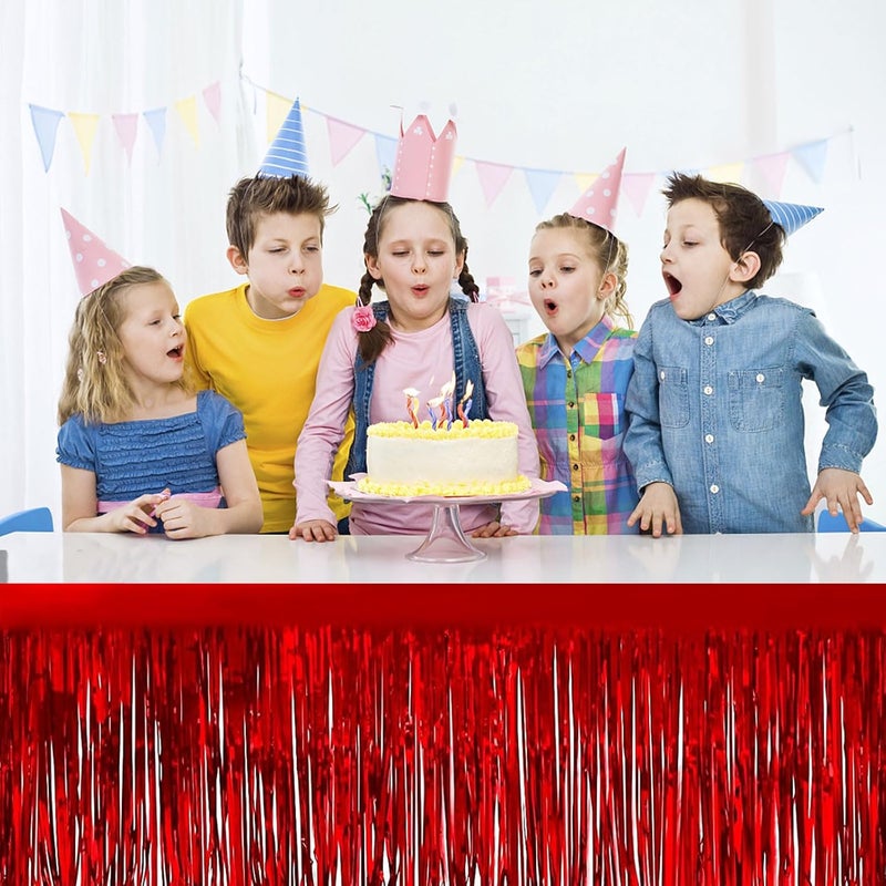 Aimto 4 Pack Metallic Foil Fringe Tinsel Table Skirts,29x108 Inch Party Disposable Table Skirt Banner for Hotel Banquet Parade Floats Mardi Gras Holiday Birthday Wedding New Year Party Decoration(Red) - Image 3