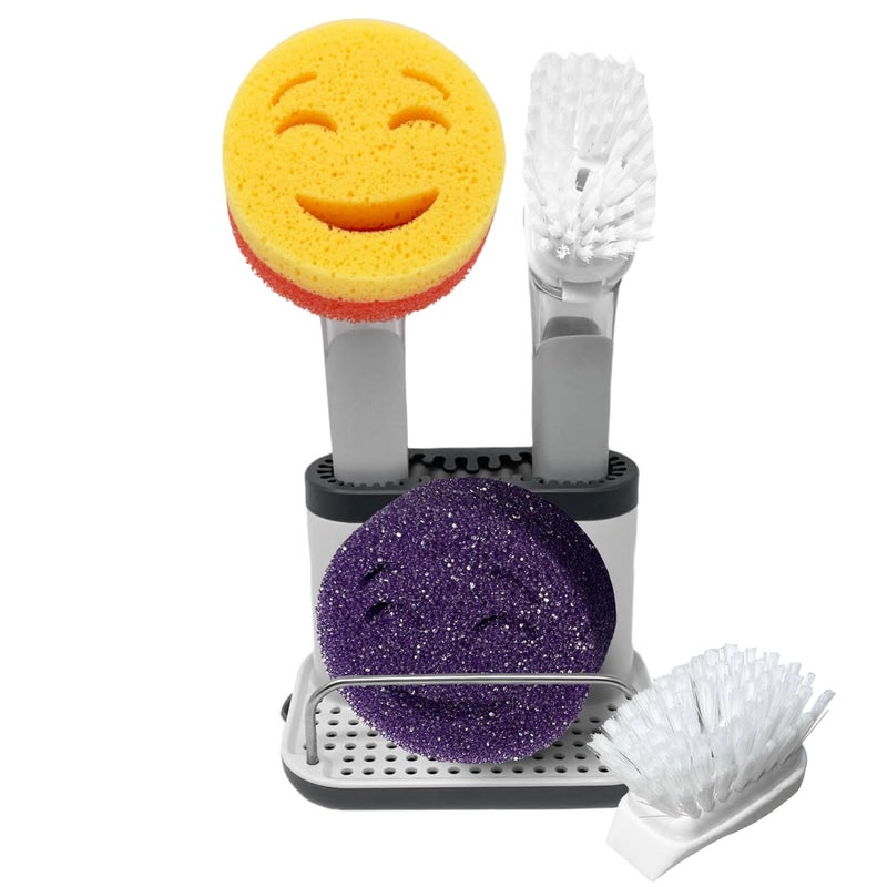 The Original Smiling Handle with Soap Dispensing for Scrub Daddy Reg TM Sponge and Scrub Moji Sponge Smile Caddy and 2 Scrub Mojis WhiteGrey Wands