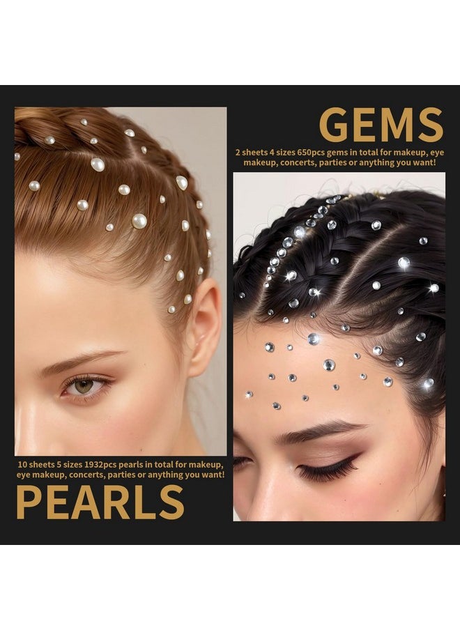 Teenitor - Teenitor 2582Pcs Hair Pearls Hair Gems Face Gems, Hair Pearls Stick On, Hair Face Jewels Face Hair Gems 3/4/5/6/8mm Hair Pearls Gems Stick on for Face, Hair, Crafts - Image 1