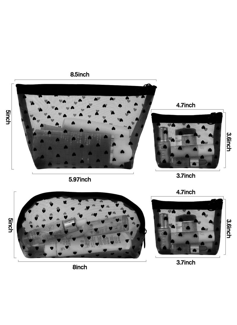 KASTWAVE Heart Print Mesh Makeup Bags, Mesh Cosmetic Bags for Women Mini Zipper Mesh Bags Portable Travel Organizing Pouch Purse Makeup Pouches Bags Travel Accessories(Black, 4 Pcs)  - Image 2