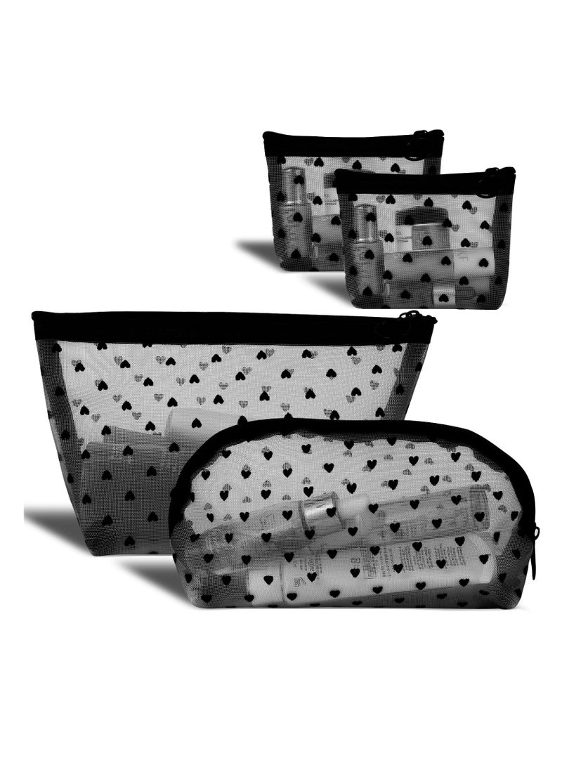 KASTWAVE Heart Print Mesh Makeup Bags, Mesh Cosmetic Bags for Women Mini Zipper Mesh Bags Portable Travel Organizing Pouch Purse Makeup Pouches Bags Travel Accessories(Black, 4 Pcs)  - Image 1