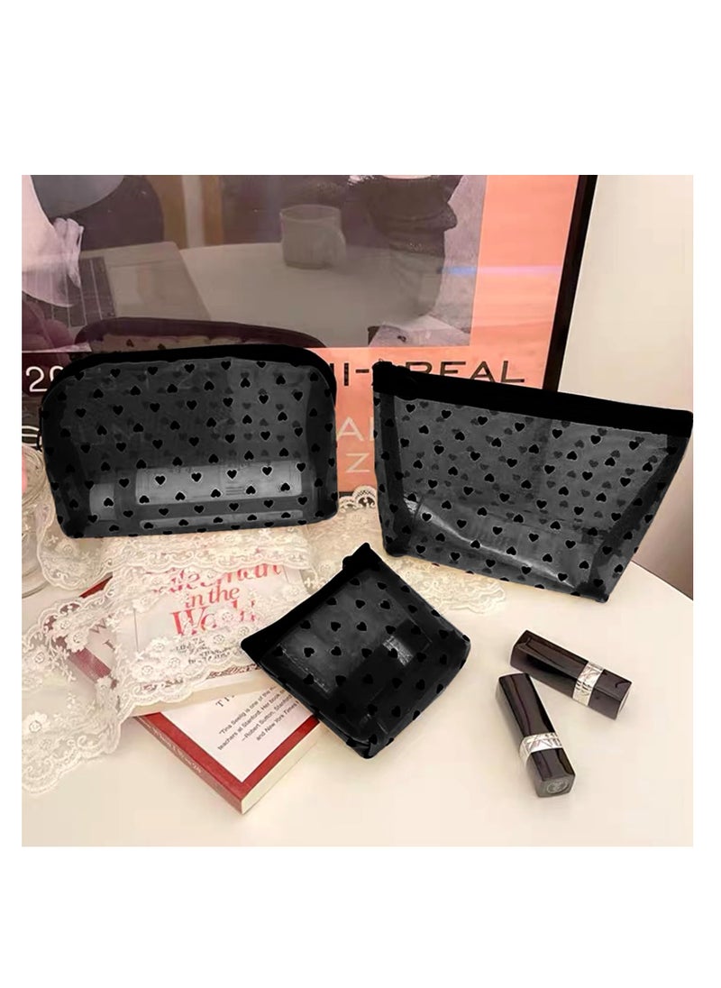 KASTWAVE Heart Print Mesh Makeup Bags, Mesh Cosmetic Bags for Women Mini Zipper Mesh Bags Portable Travel Organizing Pouch Purse Makeup Pouches Bags Travel Accessories(Black, 4 Pcs)  - Image 3