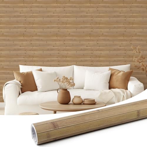 Yun-aeon Pole Wrap Bamboo Striped Peel and Stick Wallpaper Textured Faux Wood Contact Paper 17.3'' x 120'' Rustic Bamboo Slat Self Adhesive Removable Wall Paper for Bedroom Living Room-Light-carbonized - Image 1