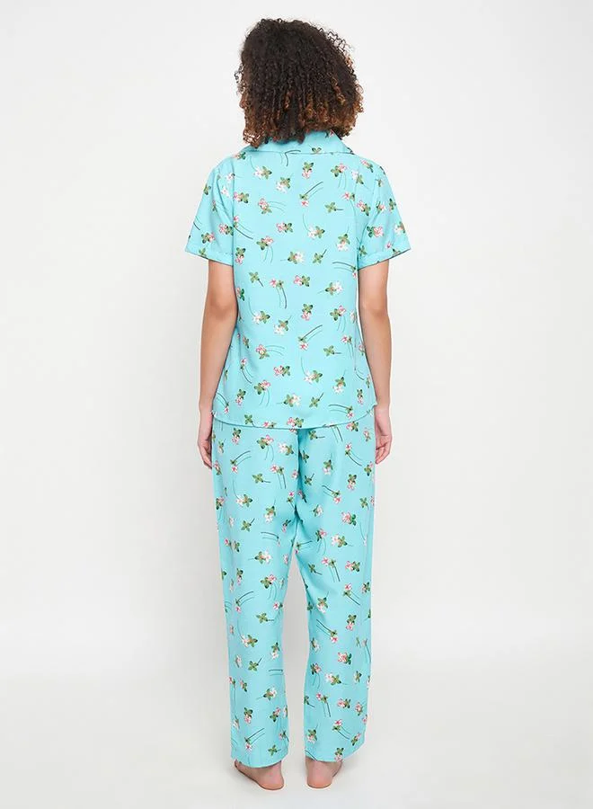 كلوفيا Floral Print Buttoned Shirt & Pyjama Set by Styli