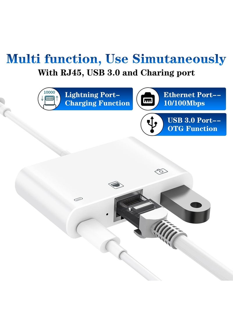 Generic - Lightning to RJ45 Ethernet Adapter for iPhone/iPad, 3 in 1 RJ45 Ethernet LAN Network Adapter with USB 3.0 Camera Adapter and Lightning Charge Port,Supports 100Mbps Ethernet Network - Image 1