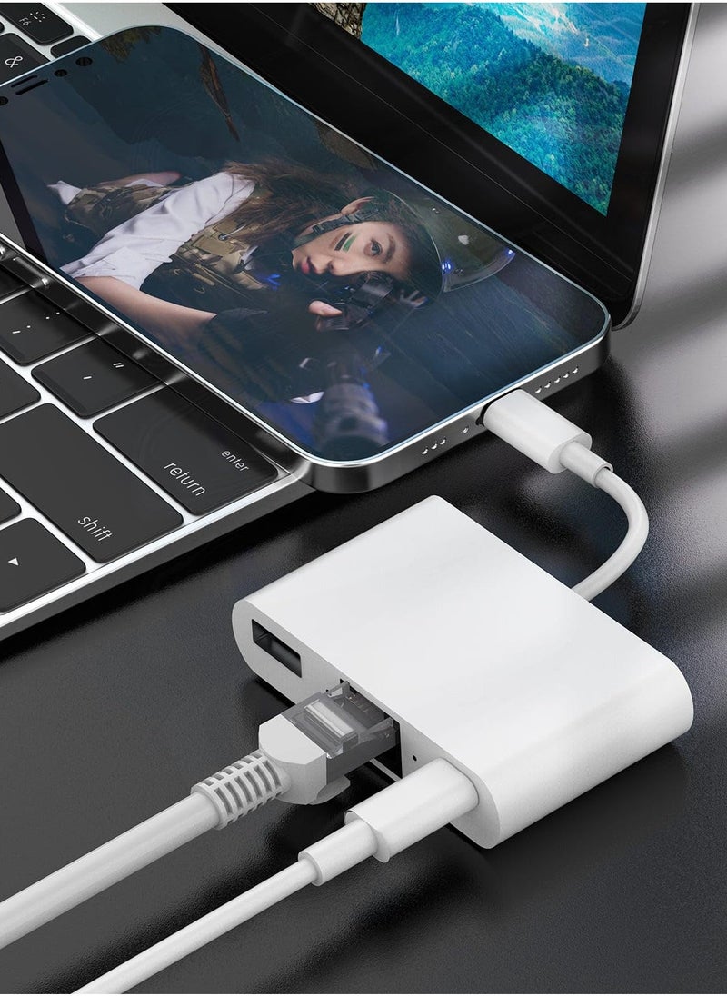 Generic - Lightning to RJ45 Ethernet Adapter for iPhone/iPad, 3 in 1 RJ45 Ethernet LAN Network Adapter with USB 3.0 Camera Adapter and Lightning Charge Port,Supports 100Mbps Ethernet Network - Image 1
