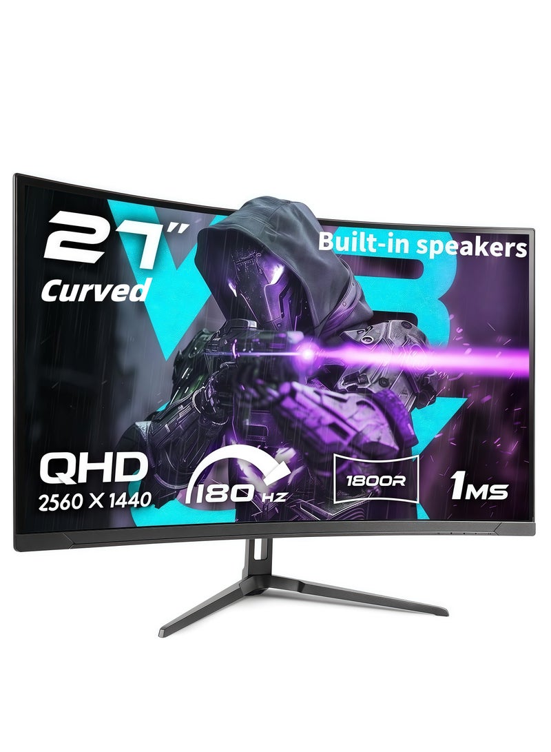 فلاشهوك شاشة ألعاب منحنية مقاس 27 بوصة - دقة QHD 2560x1440، معدل تحديث 180 هرتز، استجابة 1 مللي ثانية، إضاءة خلفية LED RGB، مكبرات صوت مدمجة 3 وات للمنزل والمكتب - Image 1