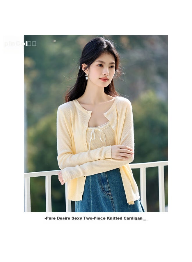 Pincai Knitted Cardigan Women Lace Design Inner Vest Two-piece Set Thin Knit Outerwear P52z074 - Image 1
