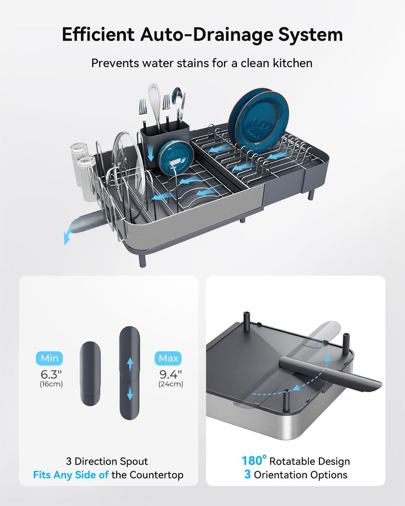 SUNLY Expandable Dish Drying Rack, Versatile Brackets for Pots & Pans, Space Saving Kitchen Drying Rack, Dish Racks for Kitchen Counter, Stainless Steel Dish Drainers with Extendable Spout, Gray - Image 5