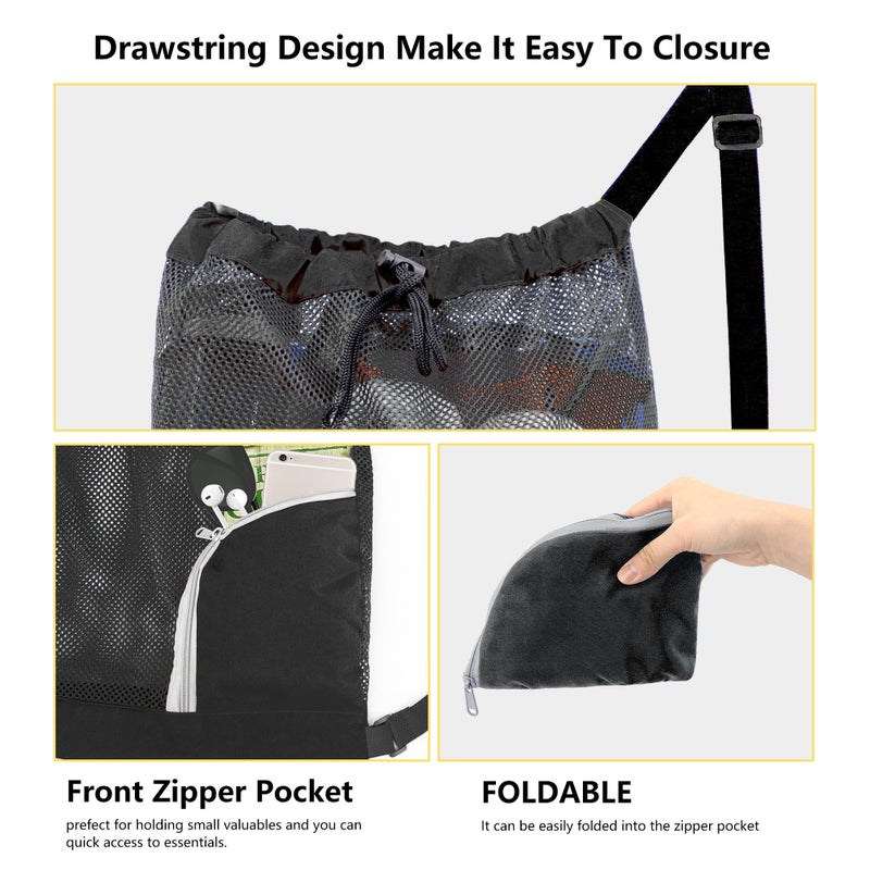 BeeGreen Mesh Drawstring Bag Swim Backpack for Beach Pool Sports Gym Draw String Cinch Bags for Swimming Soccer Basketball Gear Black - Image 3