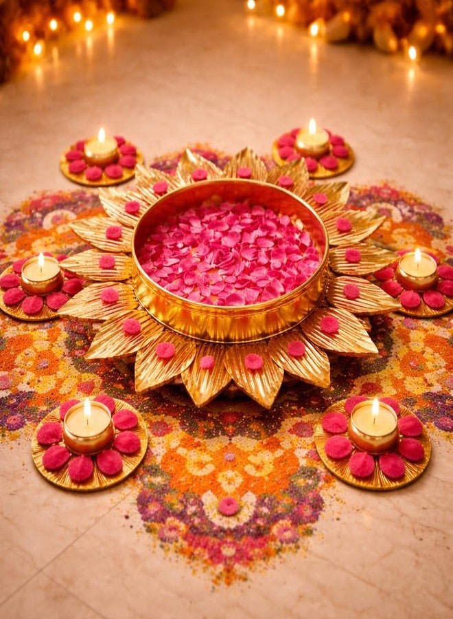 AGAAS ENTERPRISES Lotus Design Metal Urli Bowl with Rangoli Tealight Set of 7 | Festive Floor & Entrance Decor for Diwali, Wedding, Pooja & Home Decoration (12 Inch) - Image 2