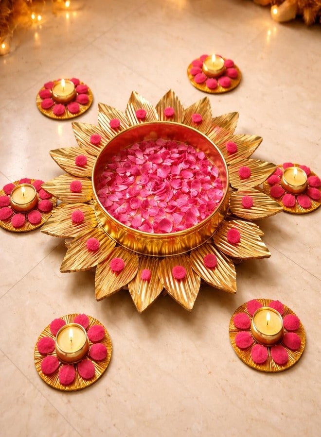 AGAAS ENTERPRISES Lotus Design Metal Urli Bowl with Rangoli Tealight Set of 7 | Festive Floor & Entrance Decor for Diwali, Wedding, Pooja & Home Decoration (12 Inch) - Image 1
