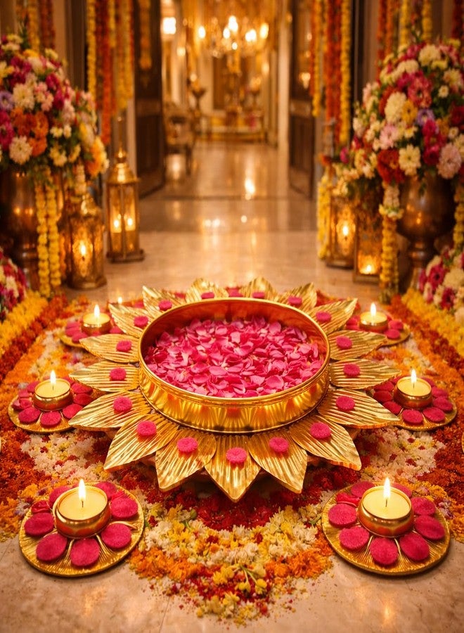 AGAAS ENTERPRISES Lotus Design Metal Urli Bowl with Rangoli Tealight Set of 7 | Festive Floor & Entrance Decor for Diwali, Wedding, Pooja & Home Decoration (12 Inch) - Image 3