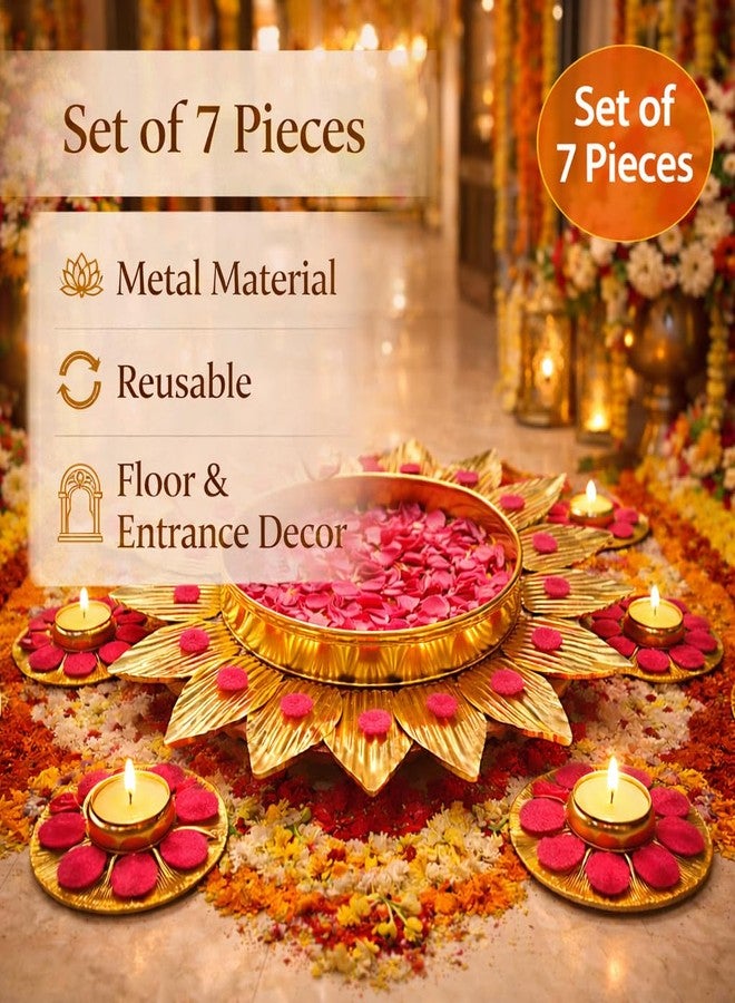 AGAAS ENTERPRISES Lotus Design Metal Urli Bowl with Rangoli Tealight Set of 7 | Festive Floor & Entrance Decor for Diwali, Wedding, Pooja & Home Decoration (12 Inch) - Image 4