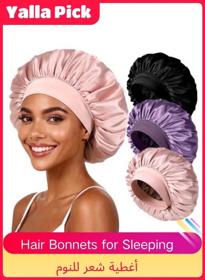 Yalla Pick 3 Pcs Satin Sleep Cap Set, Extra Large Silk Bonnet for Women, Soft Breathable Hair Cover for Curly Straight Natural Hair, Overnight Hair Care (35cm) - Image 1