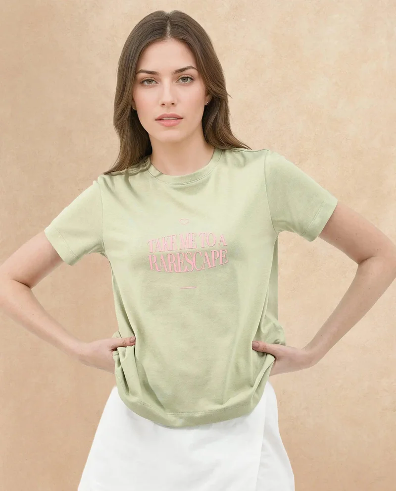Rareism Women's Crew Neck T-Shirt With Chest Graphic